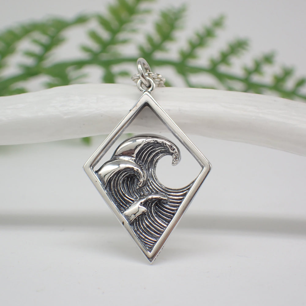 Sterling Silver Three Waves Pendant in Diamond Frame