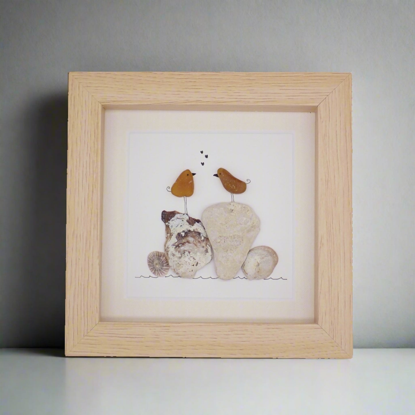 Two Sea Glass Love Birds on Coral and Shells Picture 5x5