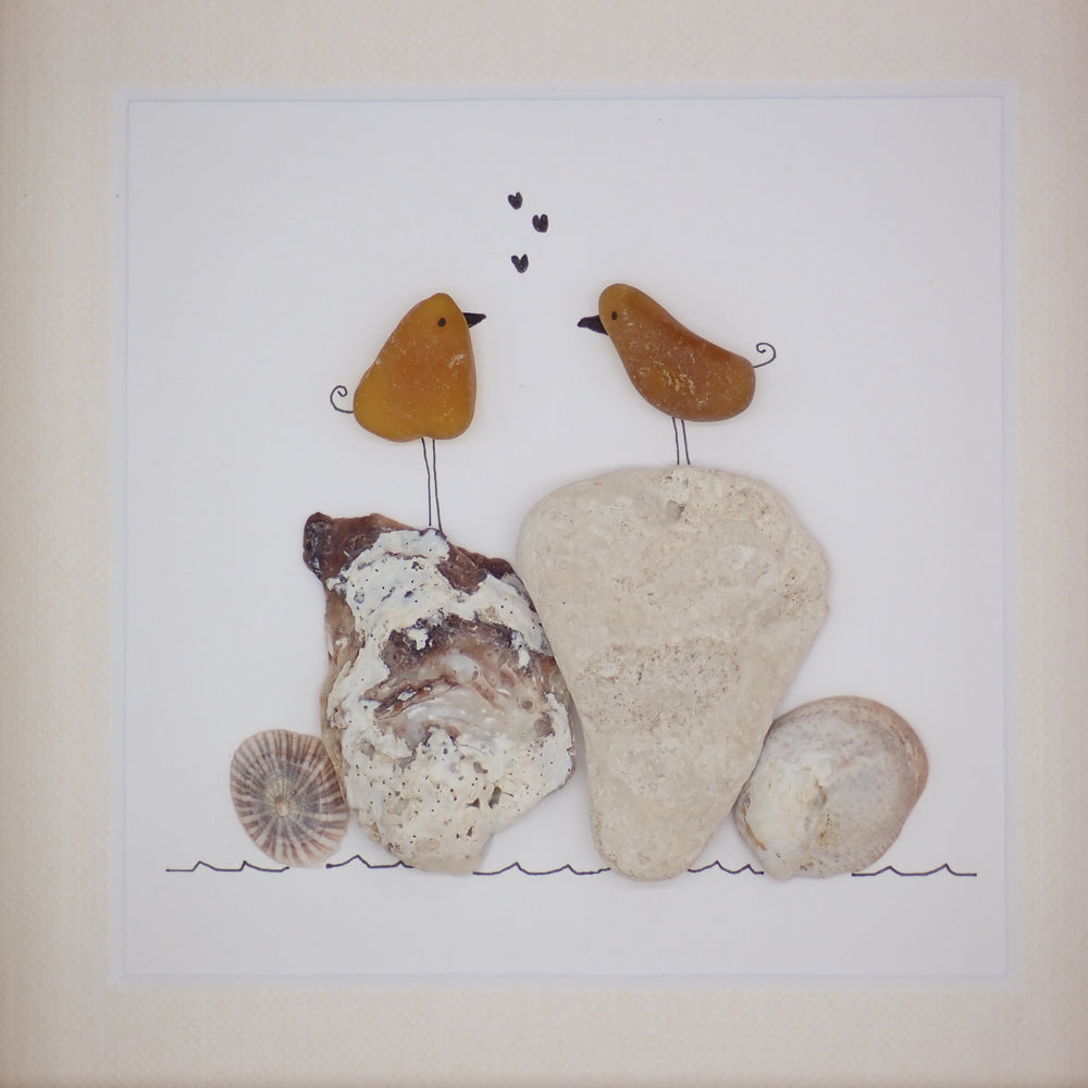 Two Sea Glass Love Birds on Coral and Shells Picture 5x5