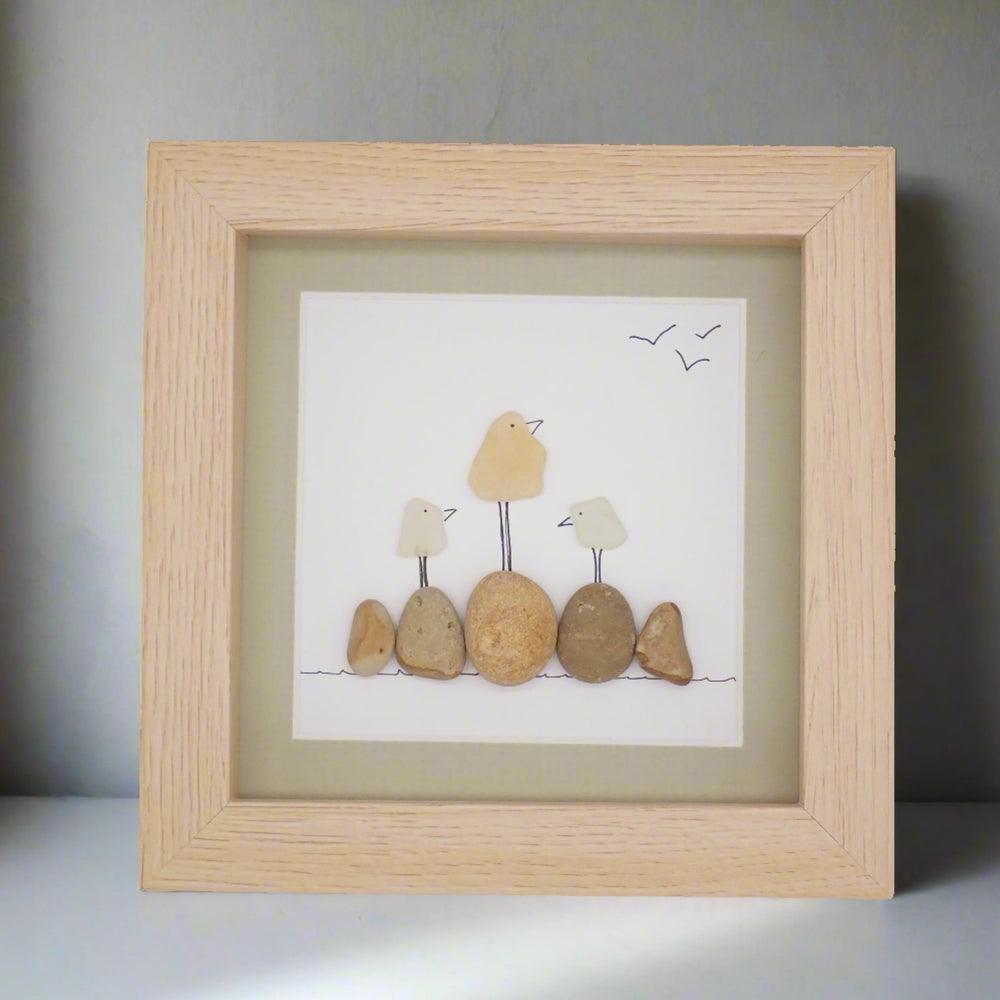 Three Sea Glass Birds on Rocks Picture 5x5