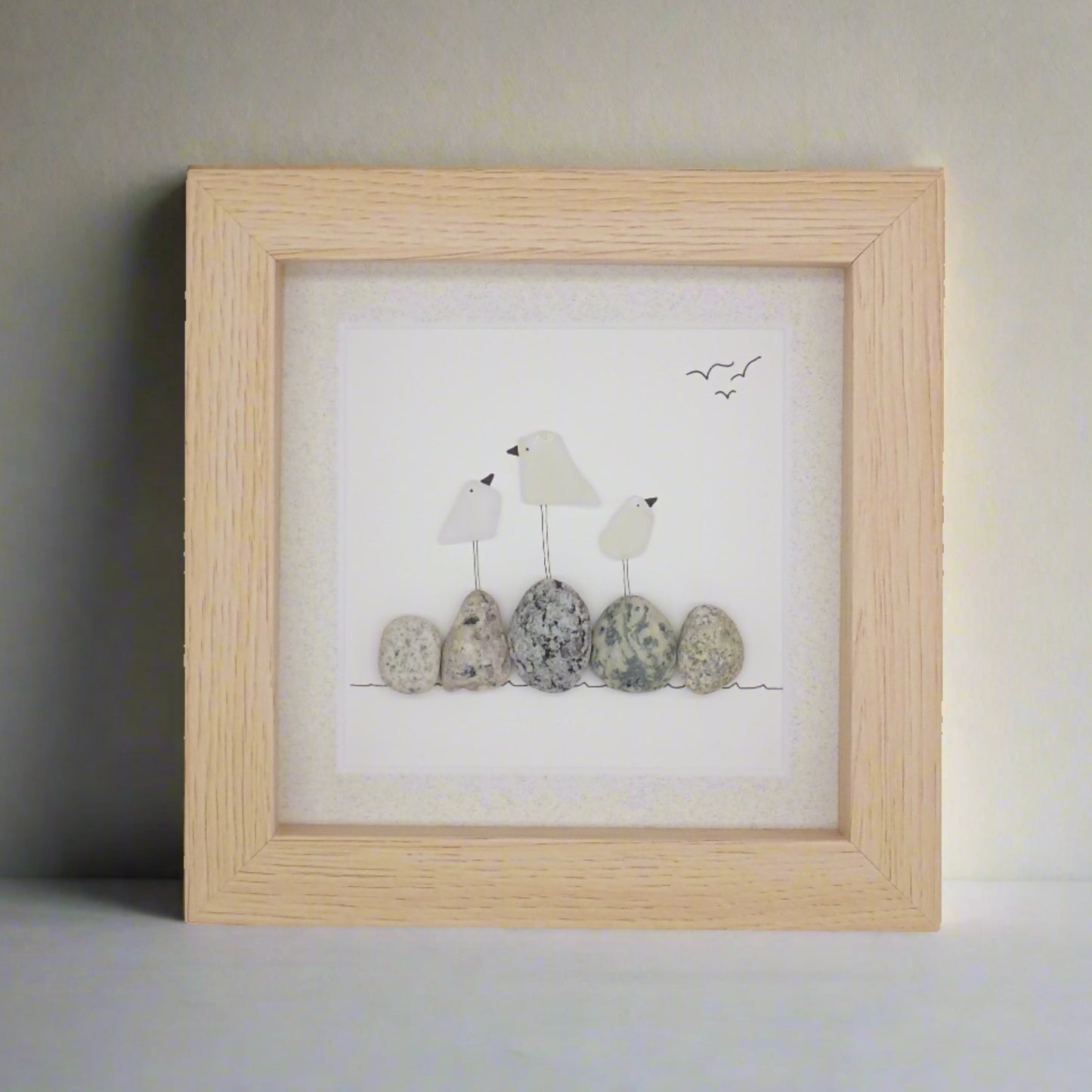 Three Sea Glass Birds on Rocks Picture 5x5
