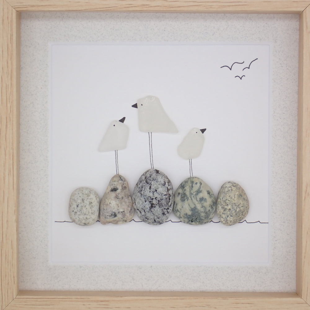 Three Sea Glass Birds on Rocks Picture 5x5