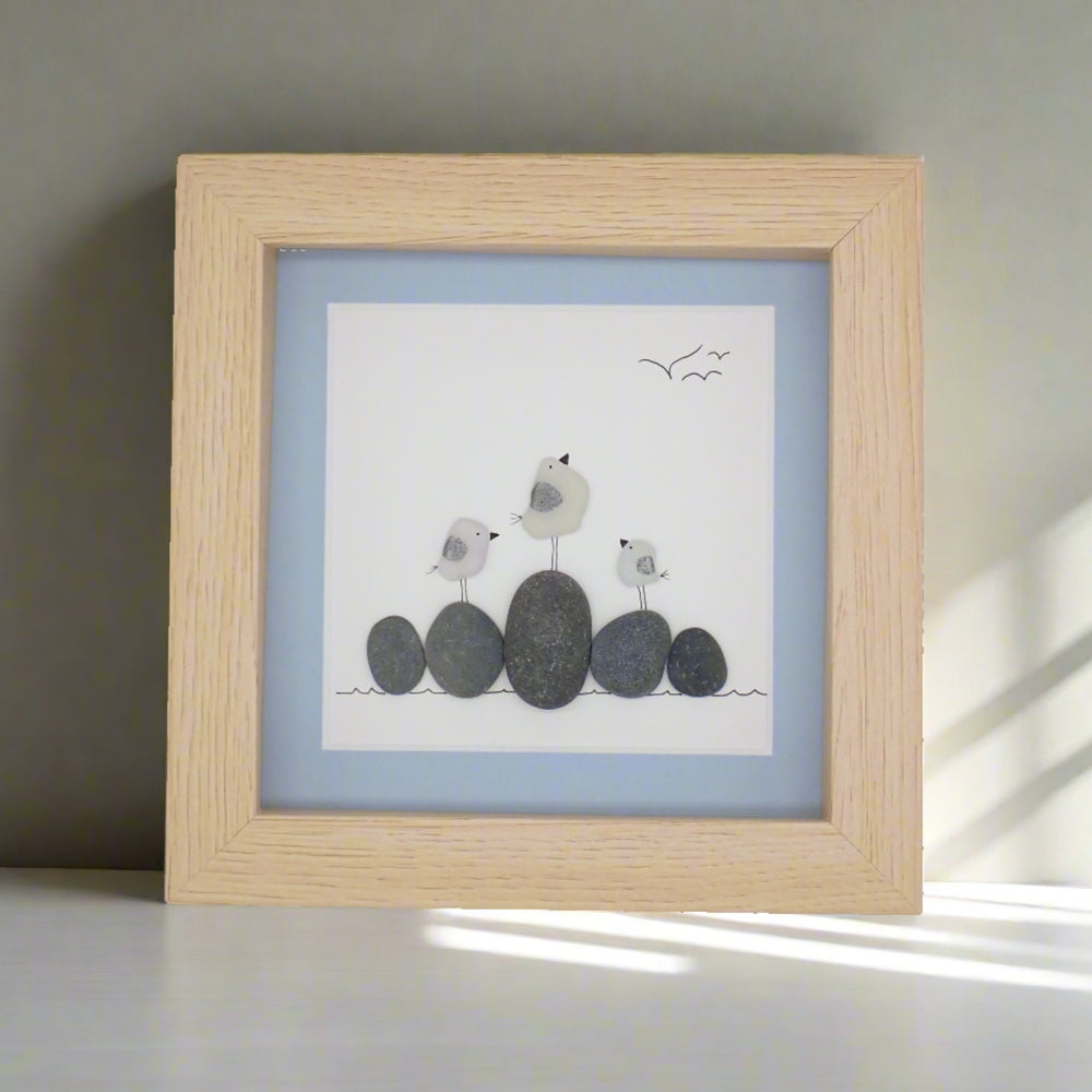 Three Sea Glass Seagulls on Rocks Picture 5x5