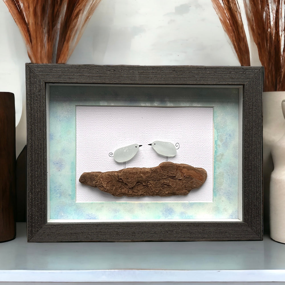 Two Sea Glass Birds on Driftwood Picture