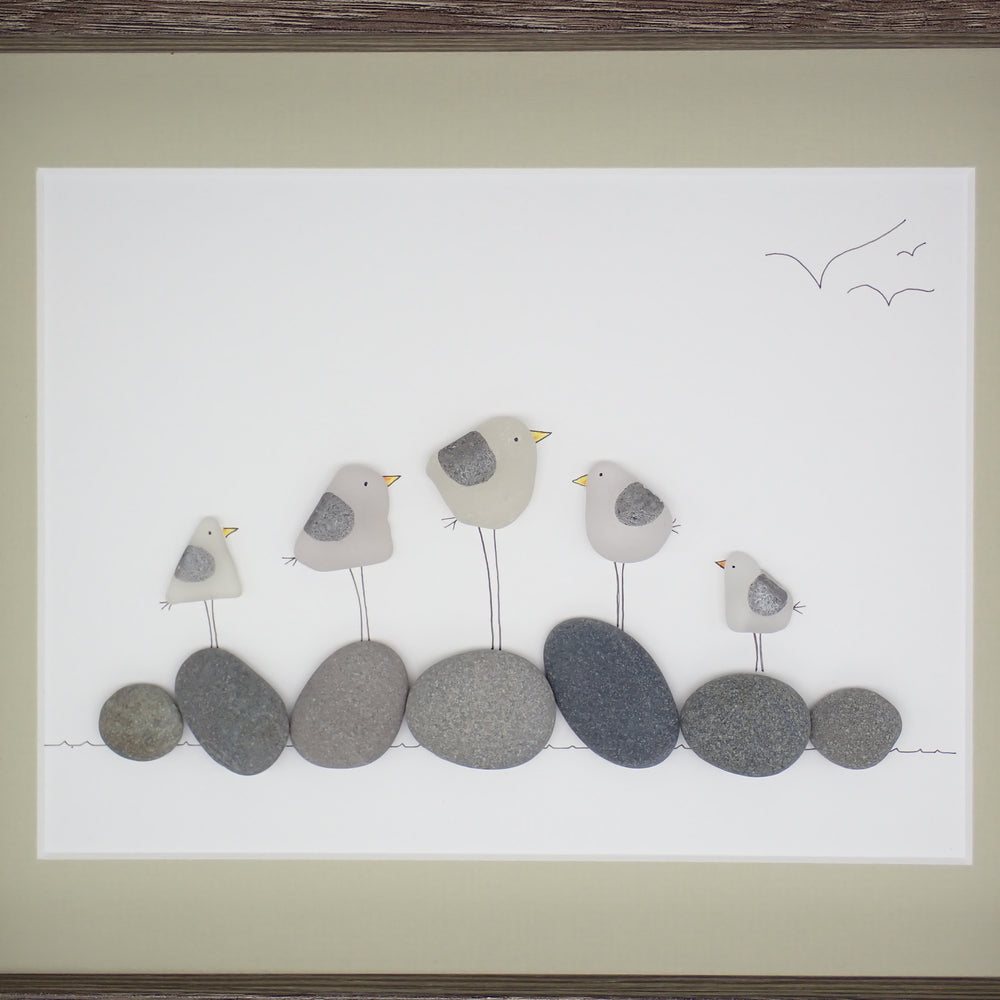 Five Sea Glass Seagulls on Rocks Picture