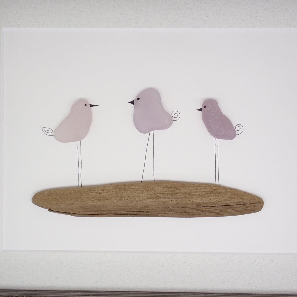 Three Sea Glass Birds on Driftwood Picture