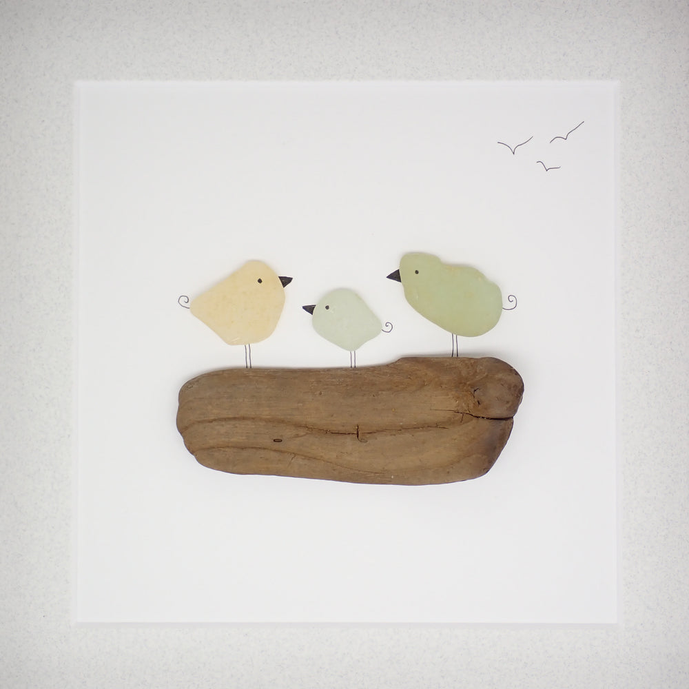 Three Sea Glass Birds on Driftwood Picture