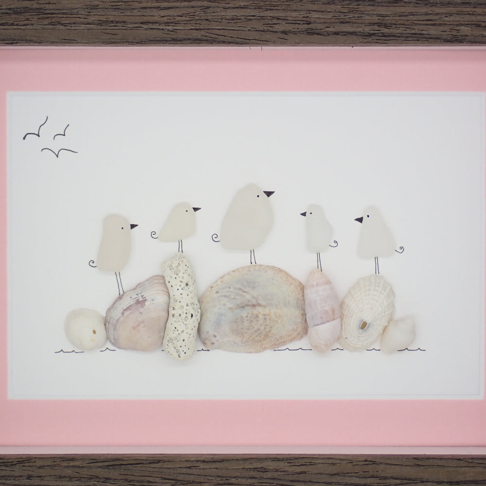 Five Sea Glass Birds on Shells & Coral Picture