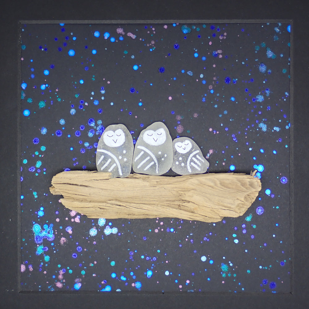 sea glass picture owls on driftwood water color sky