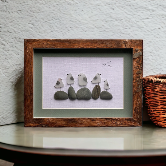 Photo de famille de cinq mouettes en verre de mer sur des rochers