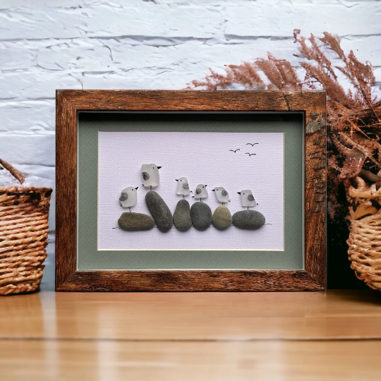 Photo de famille de six mouettes en verre de mer sur des rochers